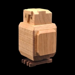 Karakuri-box: «The Owl Shock» - Vista en diagonal  del búho de madera de roble - Creador: Yoh Kakuda