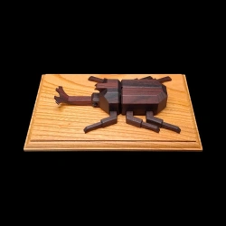 Karakuri-Box: Kabuto - Vista aérea del costado del escarabajo rinoceronte sobre su peana - Creador: Taisho Iwasaki