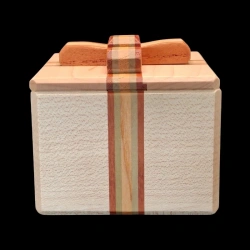 Karakuri Box : A Present For You - Vue de face de la boîte et son ruban couleur roux, vert, blanc - Créateur : S. Sugimoto