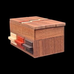 Karakuri box: Tricolour Box - Diagonal view from the left side - 3 colours (white, red, black) - Designer: Hiroshi Iwahara