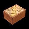 Himitsu-bako: 3 Sun 12 Steps Walnut and Yosegi – Aerial view of the exterior base featuring a Yosegi pattern – Designer: H. Oka