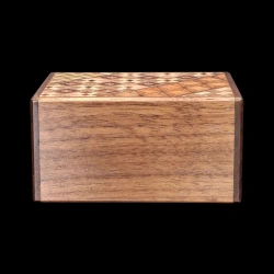 Himitsu-bako: 3 Sun 12 Steps Walnut and Yosegi - Long-side view in walnut (dark brown) - Designer: Hiroyuki Oka