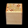 Himitsu-Bako: Cube 2 Sun 7 Steps – Aerial view, top in Yosegi-Zaiku and sides in natural wood – Designer: Hiroyuki Oka