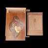 Himitsu-Bako: 4 Sun 27 Steps Flowers and Sayagata – View of the open box featuring marquetry with a design of two tulips