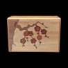 Himitsu-Bako: 5 Sun 10 Steps Mejiro & Ume – Front view of the marquetry depicting a branch of a plum tree in bloom