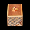 Himitsu-Bako: Mame 18 Steps ‘Hexagon’ – Aerial view of the front with a hexagon-shaped button and koyosegi side